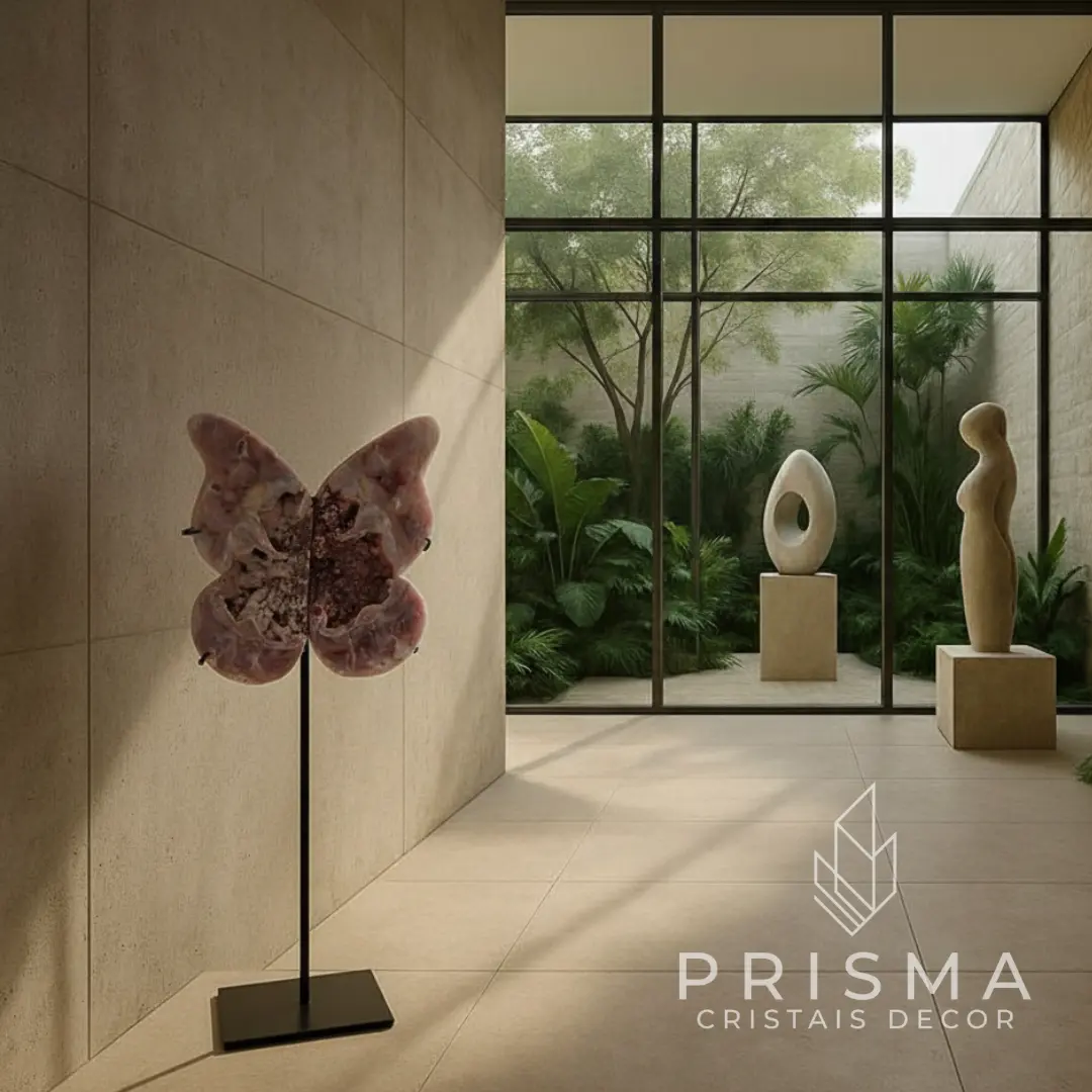Borboleta Ametista Rosa - peça escultórica em cristal Pink Amethyst para decoração premium