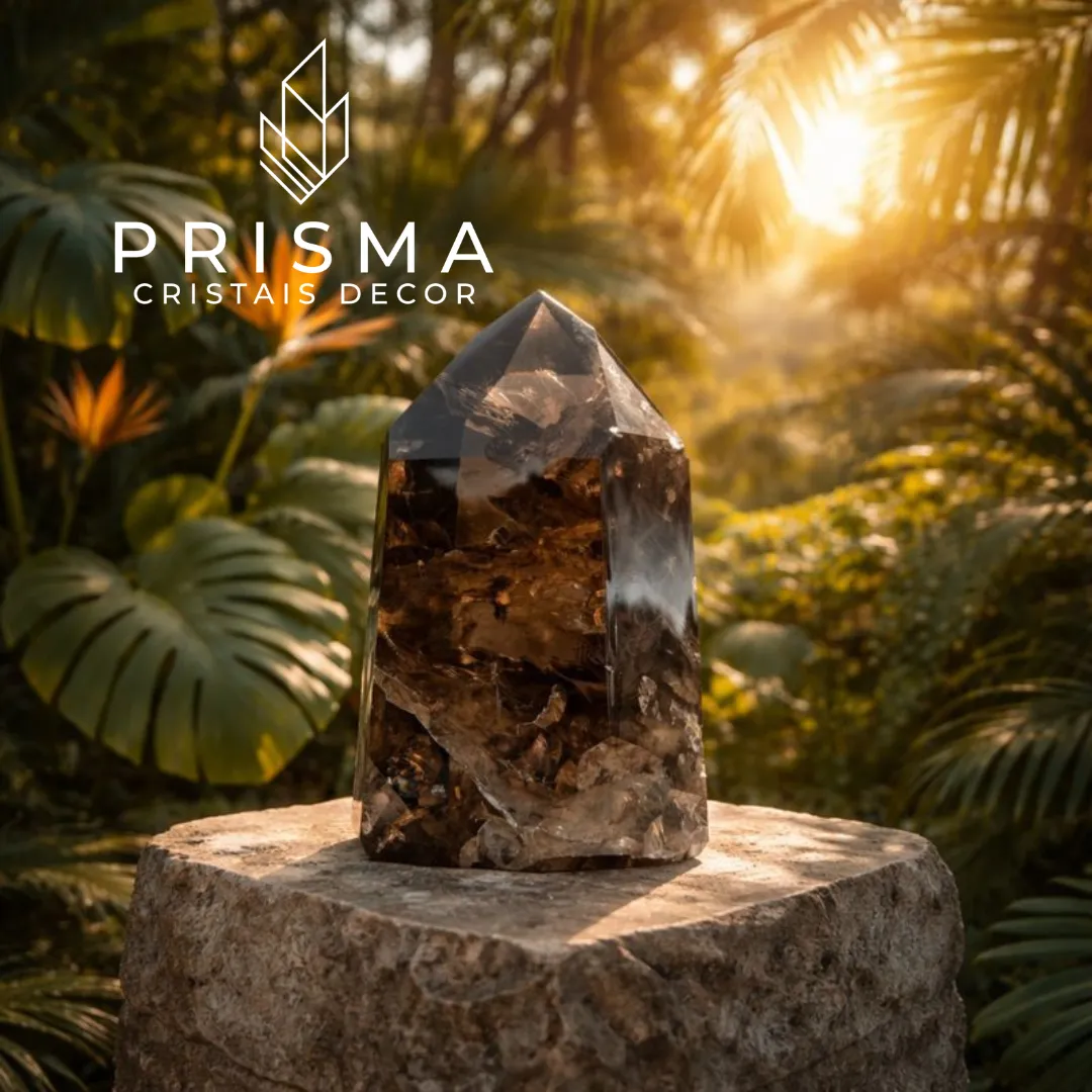 Ponta de Quartzo Fumê natural em pedestal de pedra com vegetação tropical - cristal de aterramento premium