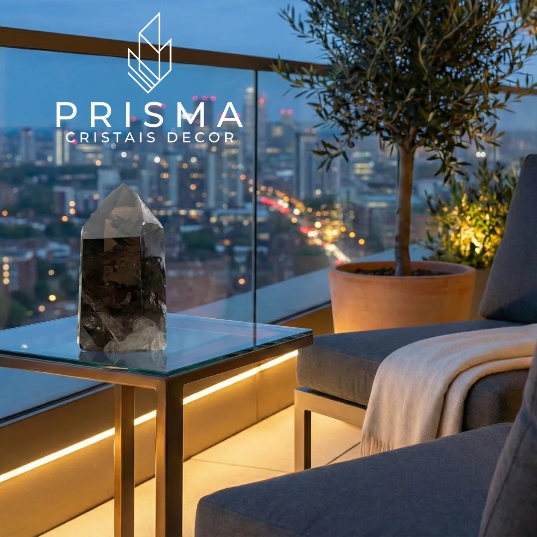 Ponta de Quartzo Fumê em mesa de vidro em terraço com vista noturna da cidade - cristal premium Prisma Cristais