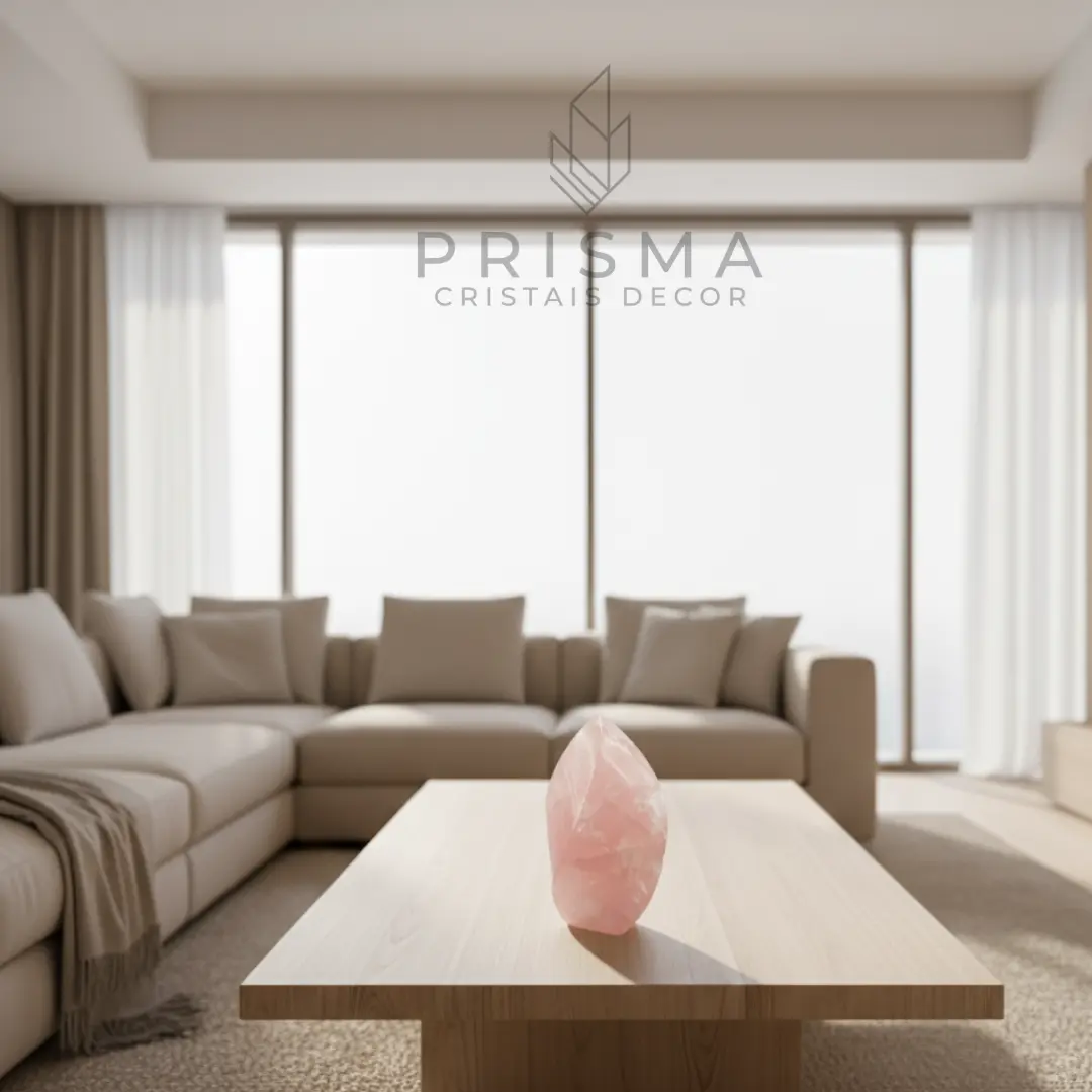 Detalhe da lapidação em forma de chama do Quartzo Rosa natural