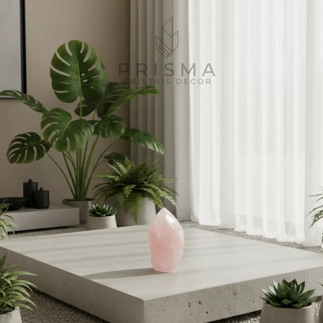 Chama de Fogo Quartzo Rosa em perspectiva mostrando trabalho artesanal completo