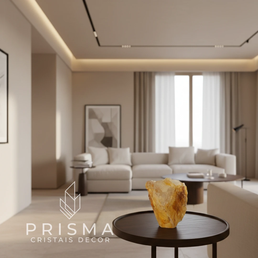 Detalhe da textura natural e pontas cristalinas do Citrino Bruto autêntico