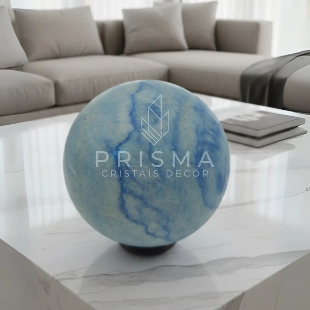 Esfera de Quartzo Azul mostrando perfeição geométrica sagrada