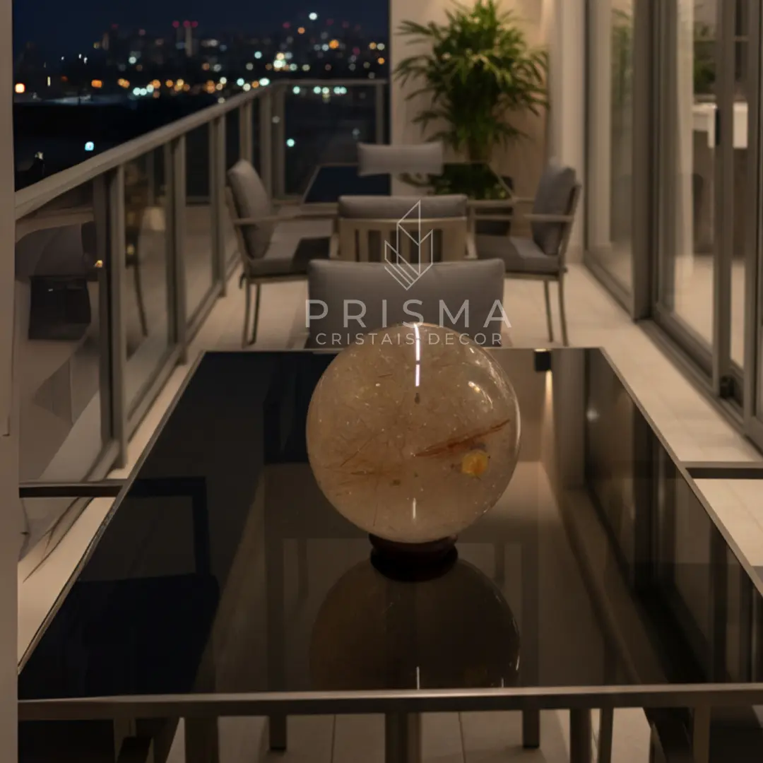 Esfera de Quartzo Fumê com Rutilo - Detalhes das inclusões de cobre