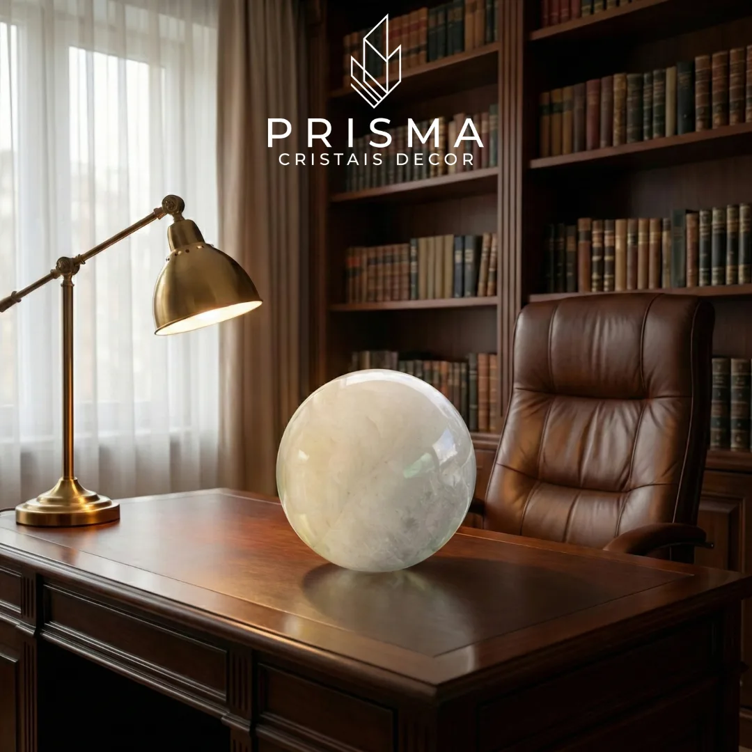 Esfera de Quartzo Leitoso 21 cm — cristal branco leitoso lapidado à mão em fundo neutro