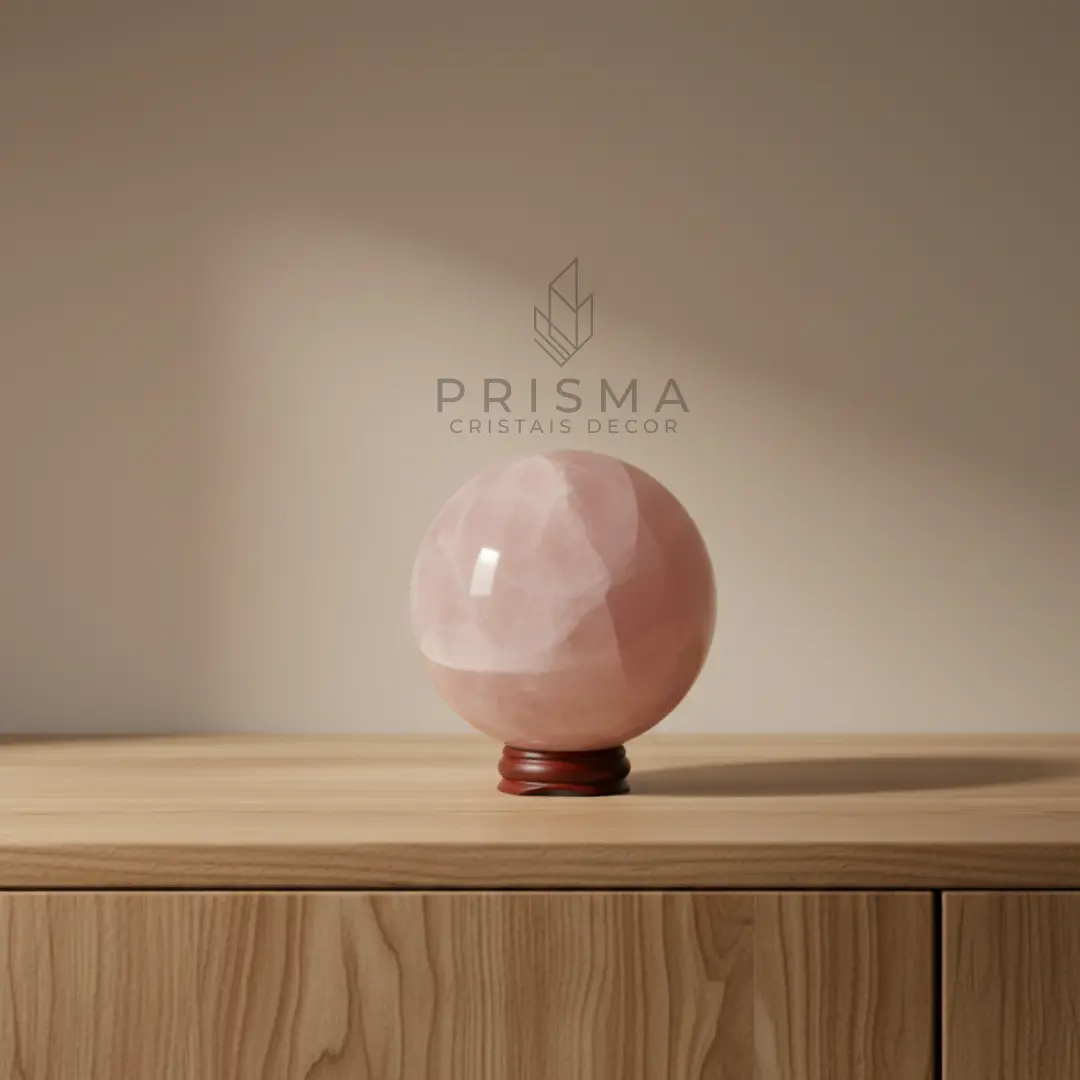 Esfera de Quartzo Rosa - Vista lateral destacando lapidação perfeita