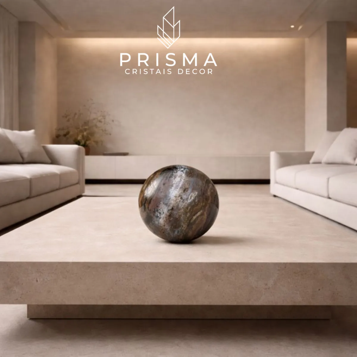 Esfera de Jaspe em escritório executivo sofisticado - cristal natural para ambiente de poder e elegância