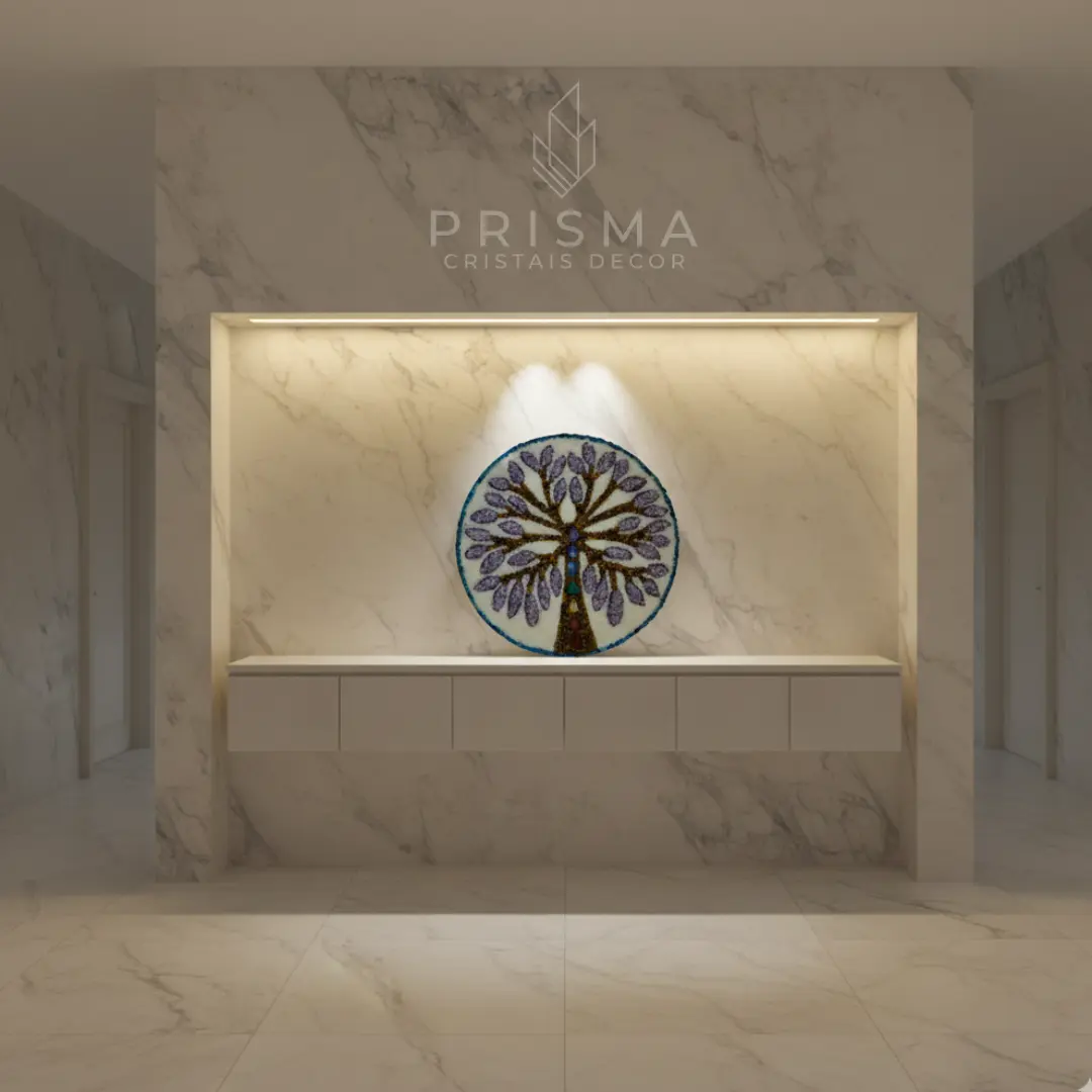 Detalhe da ametista e cristais naturais na Mandala Árvore da Vida II