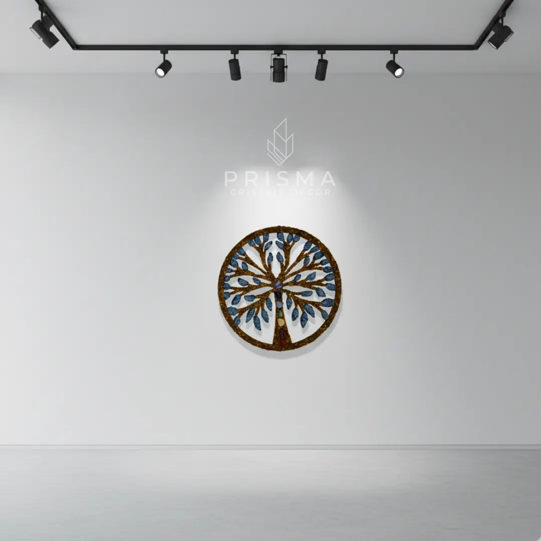 Detalhe da geometria sagrada e cristais naturais na Mandala Árvore da Vida