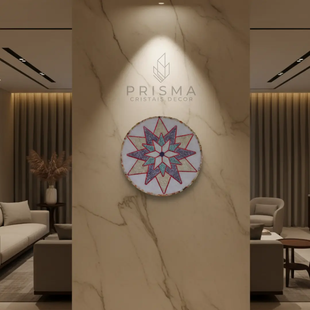 Detalhe dos cristais naturais na Mandala Estrela - arte espiritual exclusiva