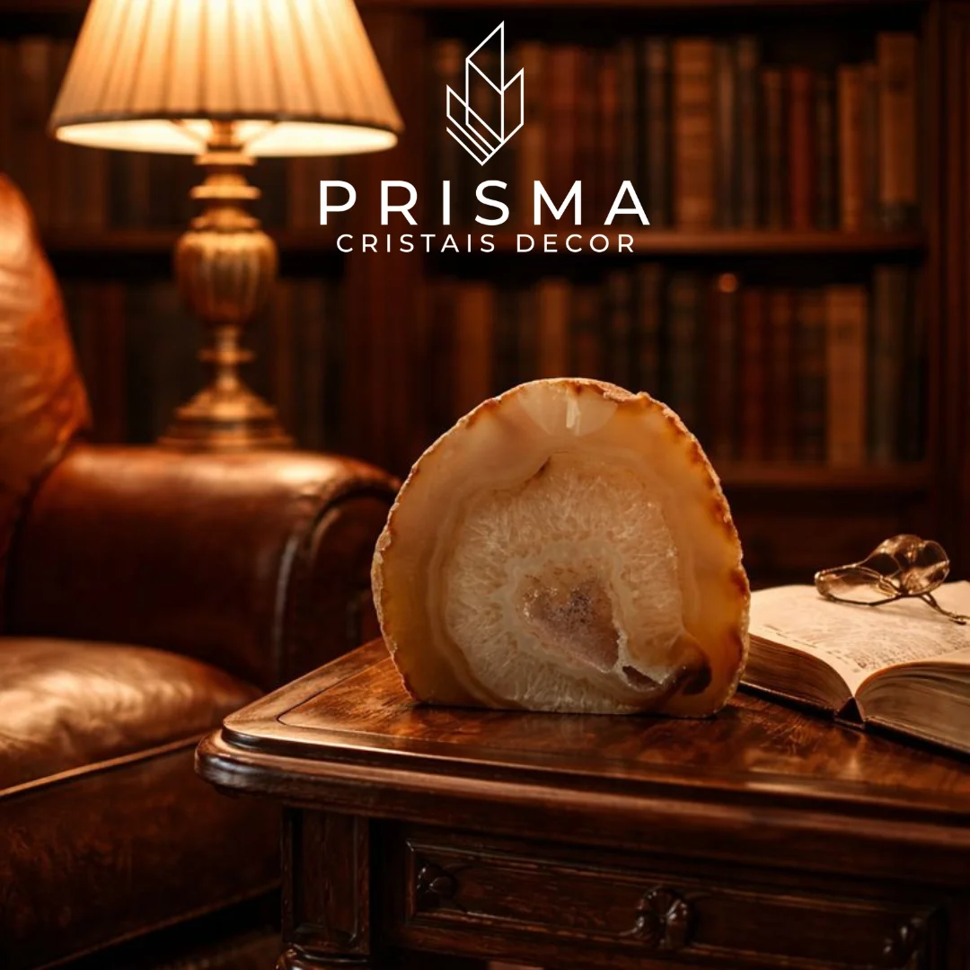 Mini Geodo de Ágata vista lateral — faixas concêntricas irrepetíveis, geodo natural Brasil