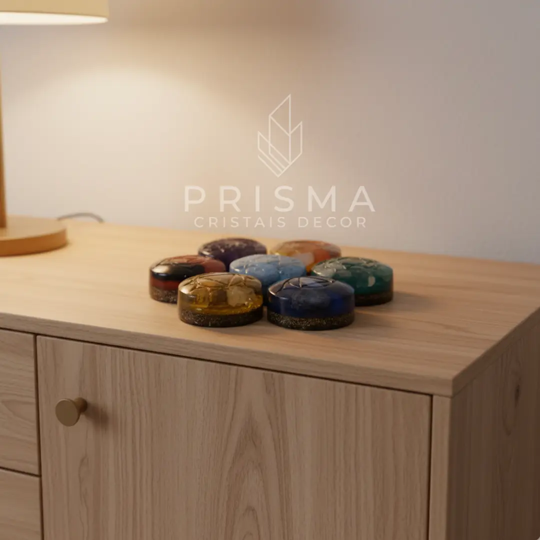 Detalhe das 7 orgonites artesanais com cristais e cores dos chakras