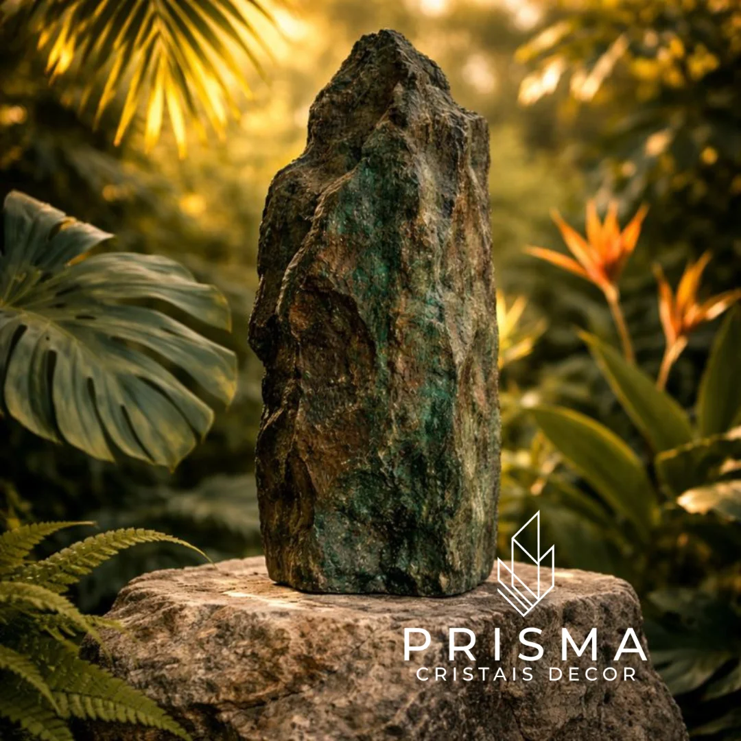 Ponta Bruta de Malaquita 53cm — cristal decorativo premium com faixas concêntricas únicas em estado bruto original Prisma Cristais