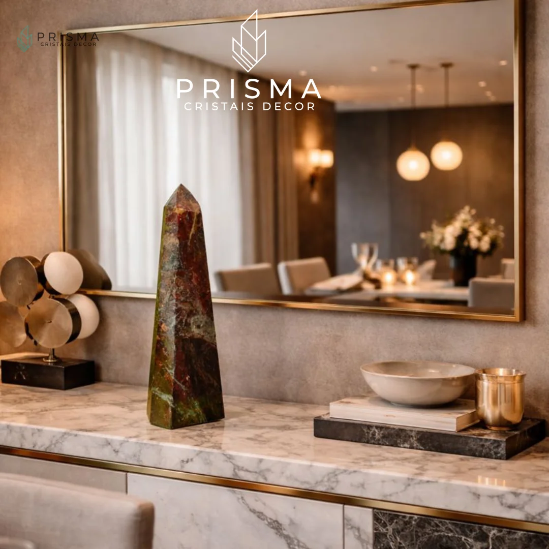 Ponta de Calcedônia Mosaico 32cm — cristal decorativo premium com padrão mosaico único irreproduzível