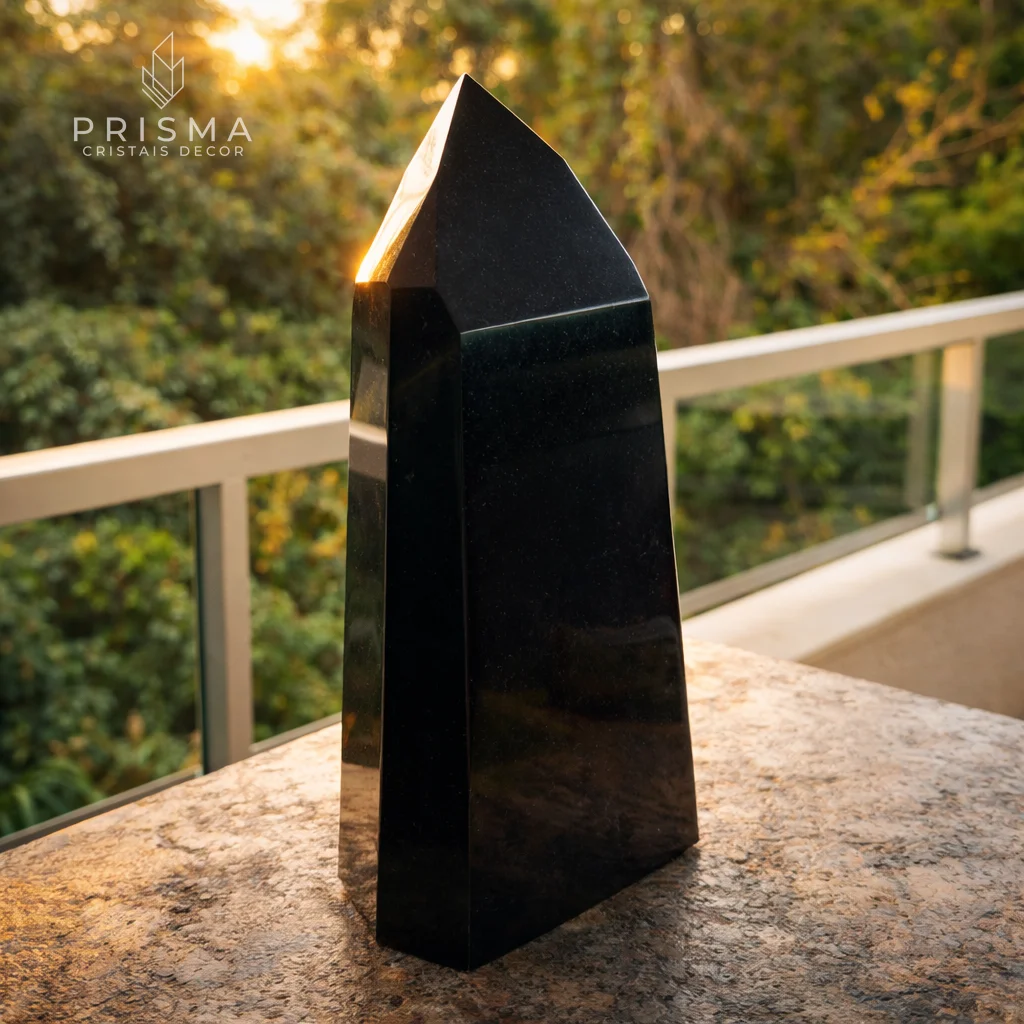 Ponta de Quartzo Preto Morion em terraço externo sofisticado — cristal negro natural com vegetação ao fundo