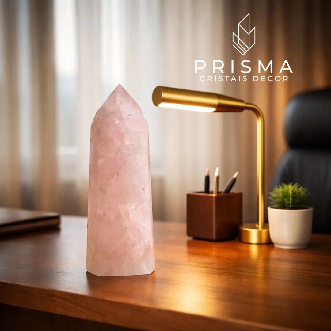 Ponta de Quartzo Rosa 28cm — cristal gerador premium lapidado em gerador, pedra do amor irreproduzível decoração alto padrão Nova Lima