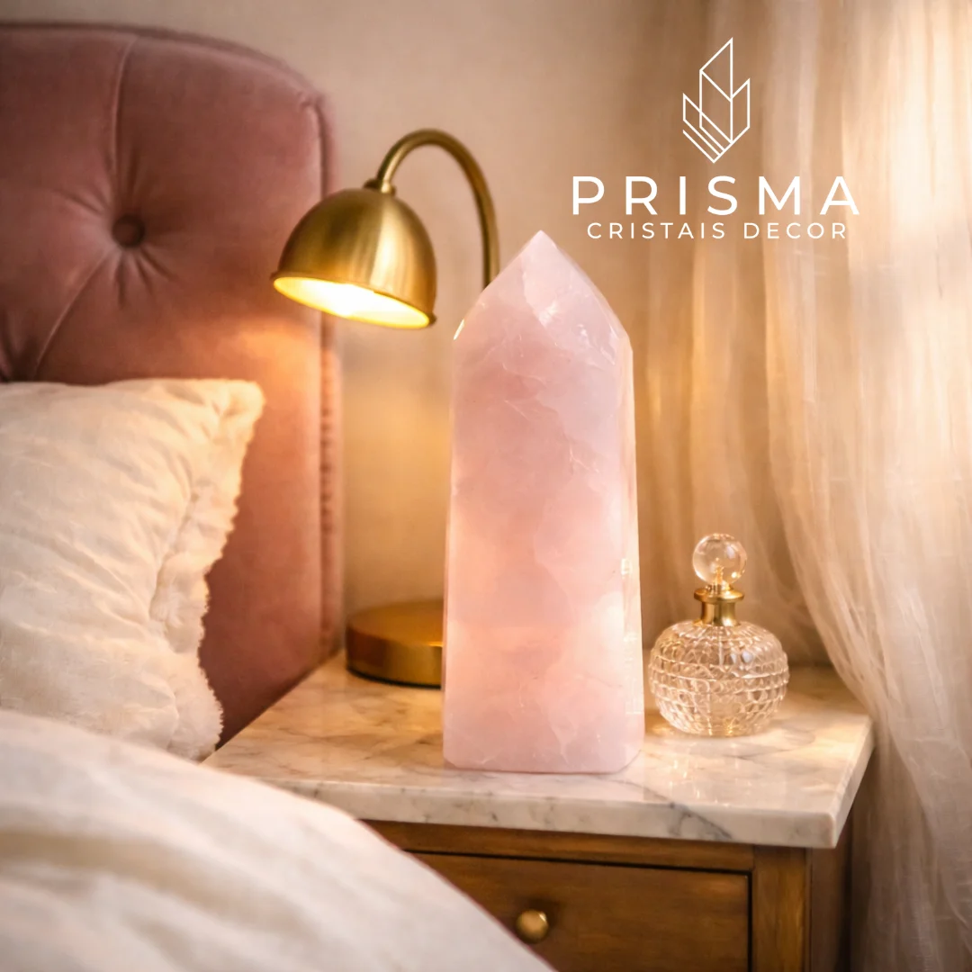 Ponta de Quartzo Rosa 28cm em ambiente de decoração sofisticada — cristal premium irreproduzível Prisma Cristais