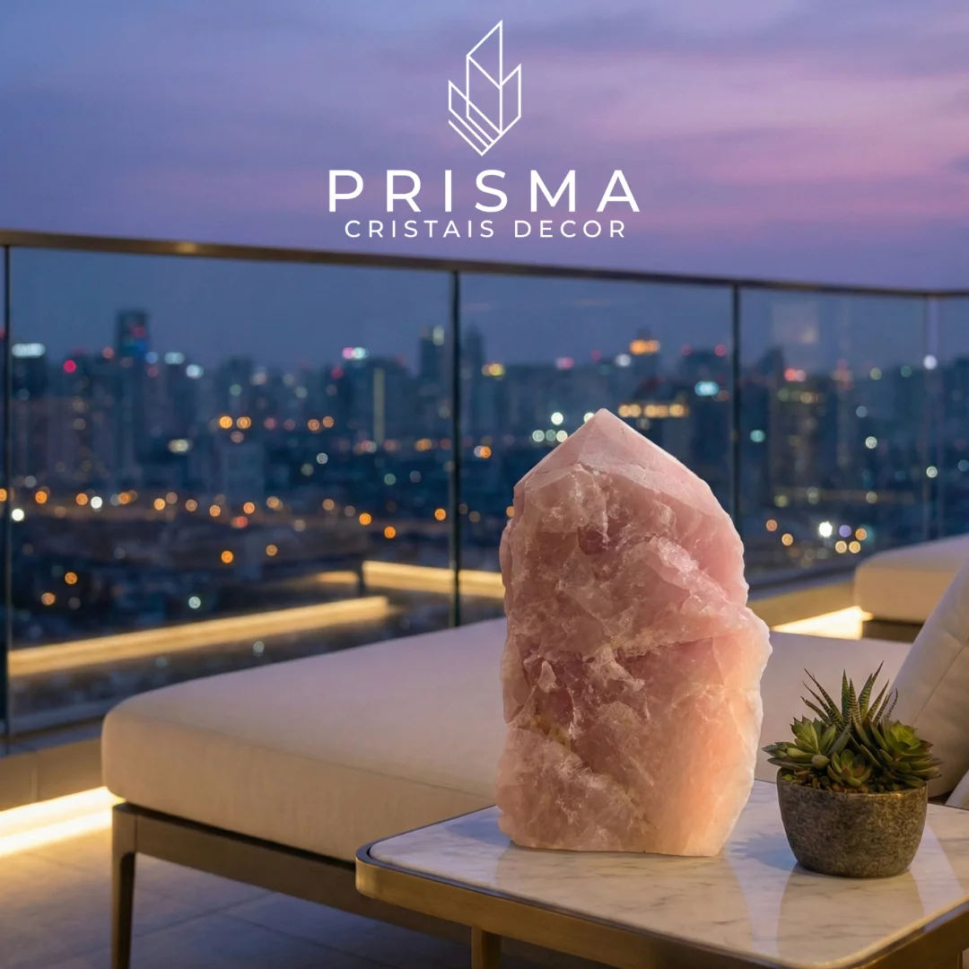 Ponta de Quartzo Rosa em ambiente de decoração de alto padrão — pedra do amor irreproduzível