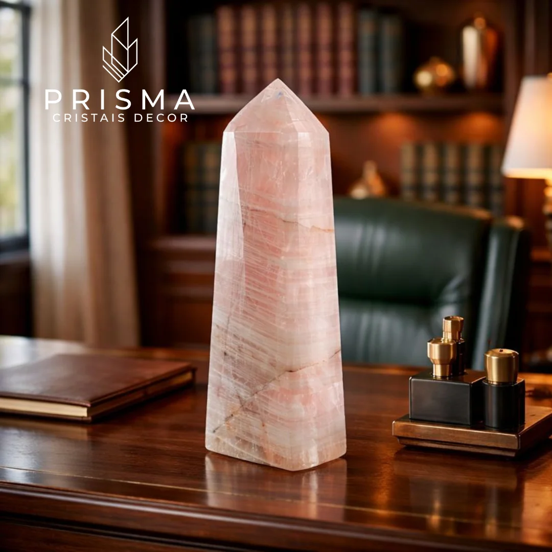 Ponta de Quartzo Rosa 42cm — cristal gerador monumental em rosa translúcido, presença arquitetônica decoração premium