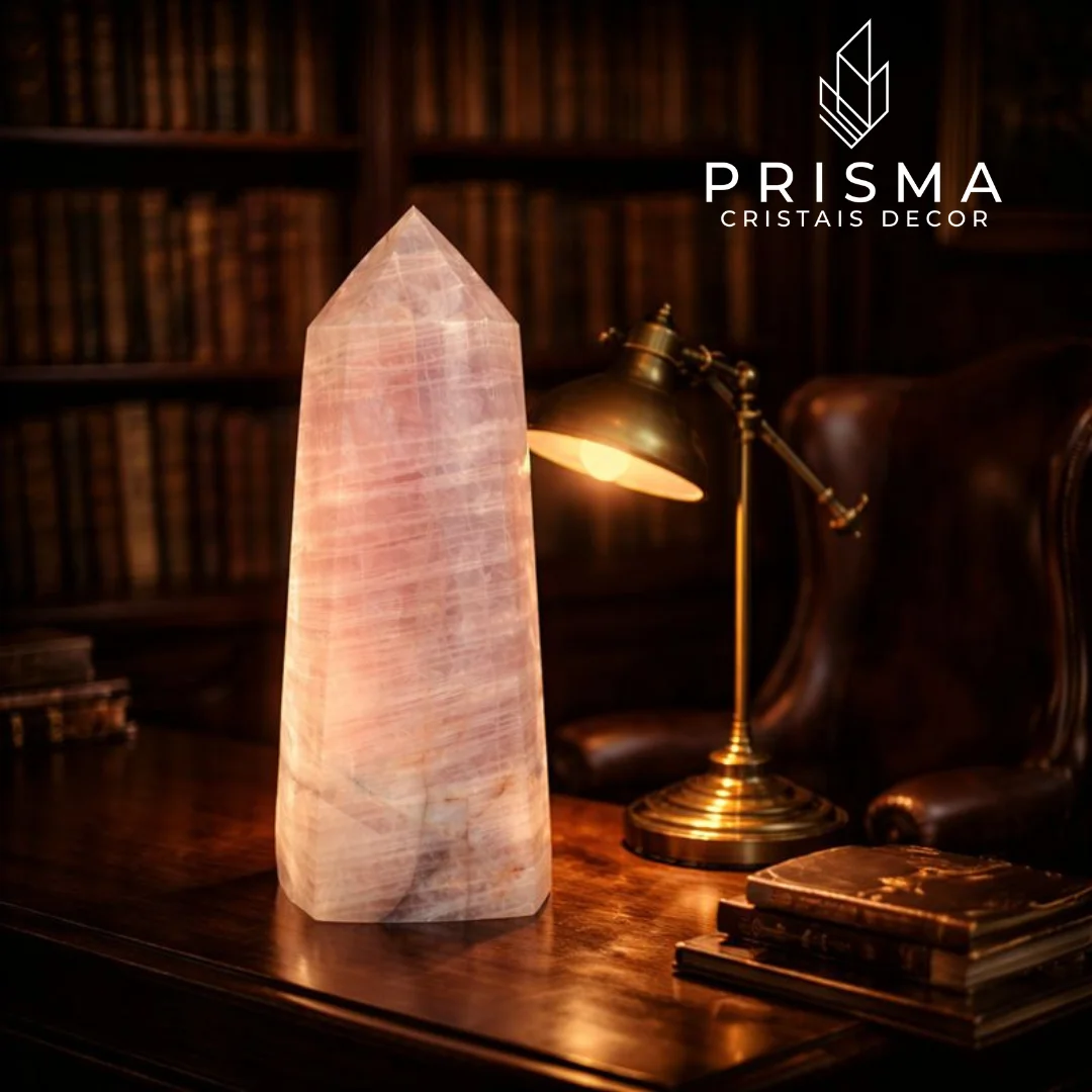 Ponta de Quartzo Rosa grande em ambiente de decoração sofisticada — pedra do amor em escala monumental