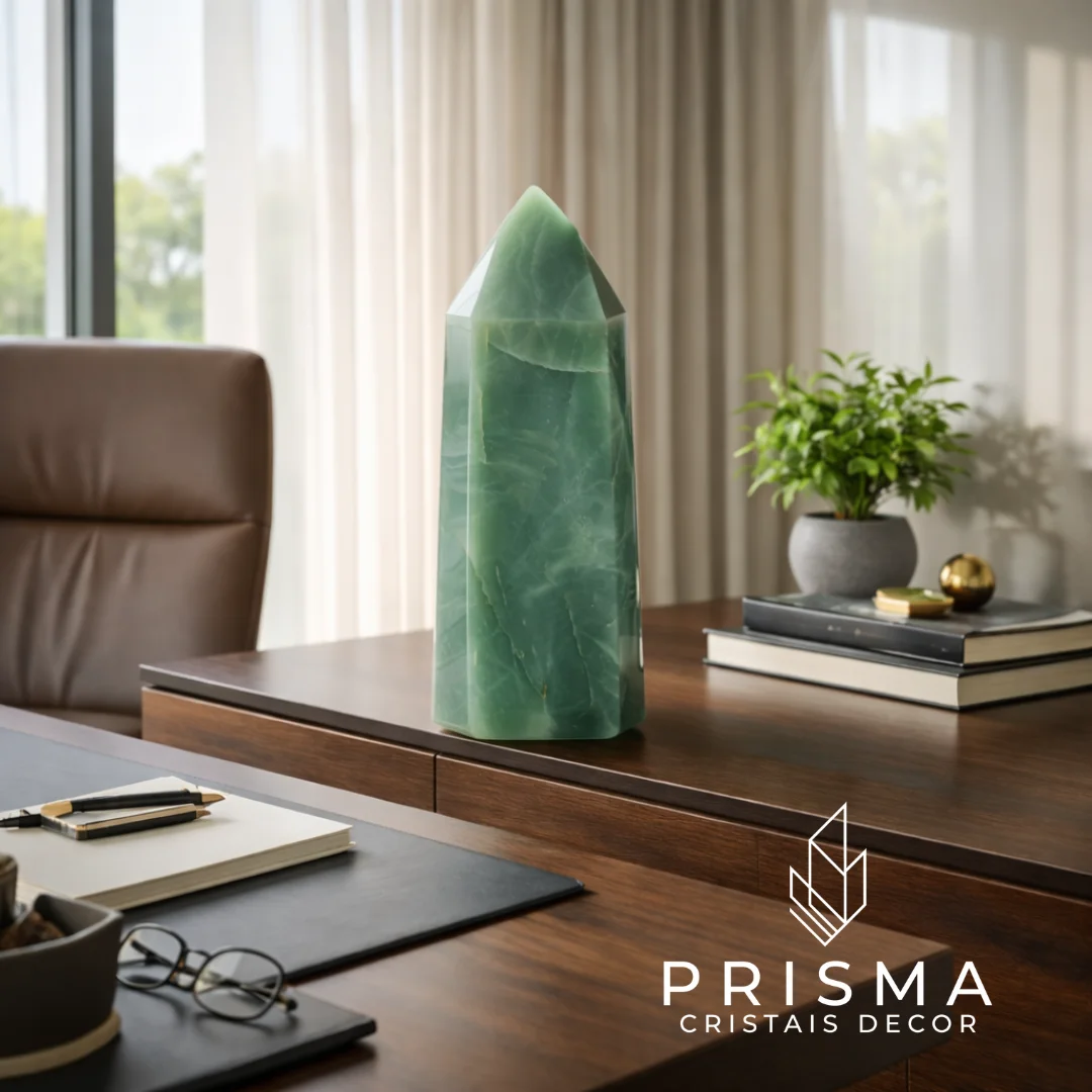 Ponta de Quartzo Verde 38cm — obelisco de prasiolita brasileiro, decoração de alto padrão Nova Lima Jardins de Petrópolis