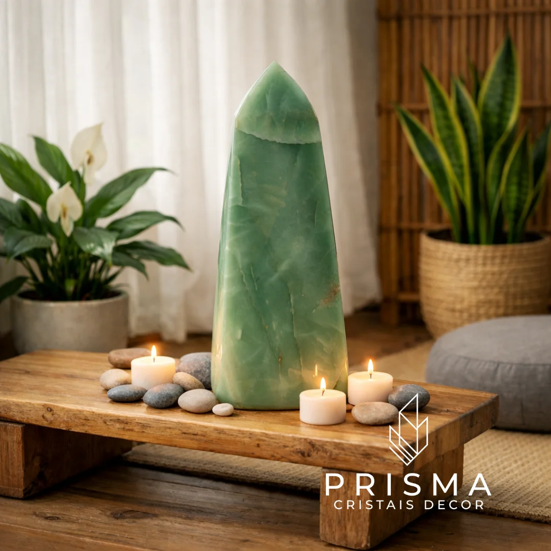 Ponta de Quartzo Verde — detalhe da transparência verde translúcida e veios naturais únicos do cristal prasiolita