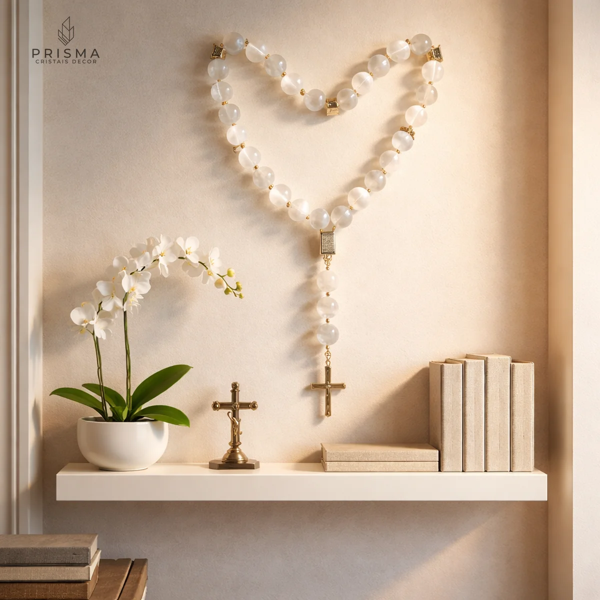 Terço de parede de esferas de selenita branca em cantinho de oração com orquídea — decoração sacra premium Nova Lima