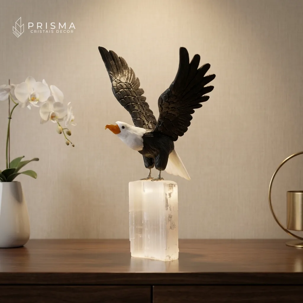 Escultura de águia em dolomita preta, calcita branca, ágata e selenita sobre aparador de madeira escura — decoração de alto padrão Nova Lima MG