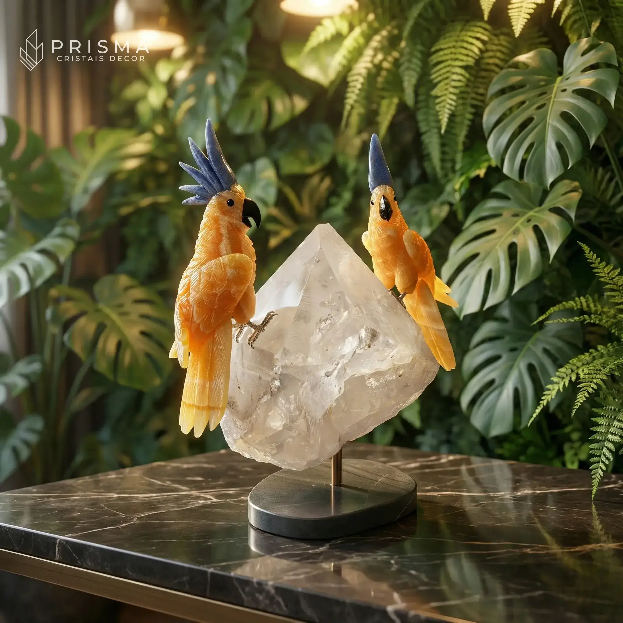 Casal de cacatuas em calcita laranja mexicana em ângulo diagonal, decoração biofílica de alto padrão com vegetação ao fundo
