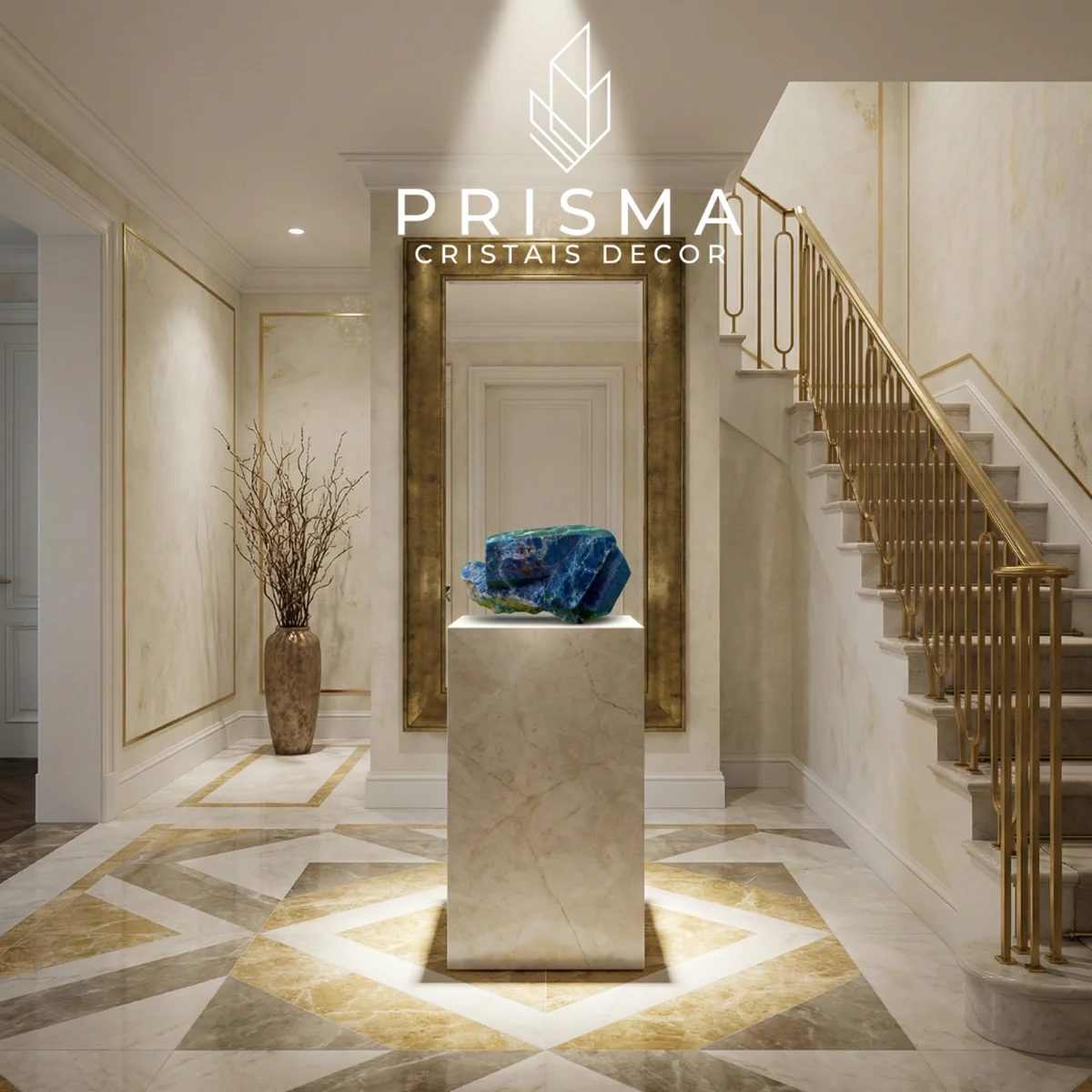 Canudo de Apatita Azul Natural sobre pedestal de mármore em hall contemporâneo com detalhes em dourado