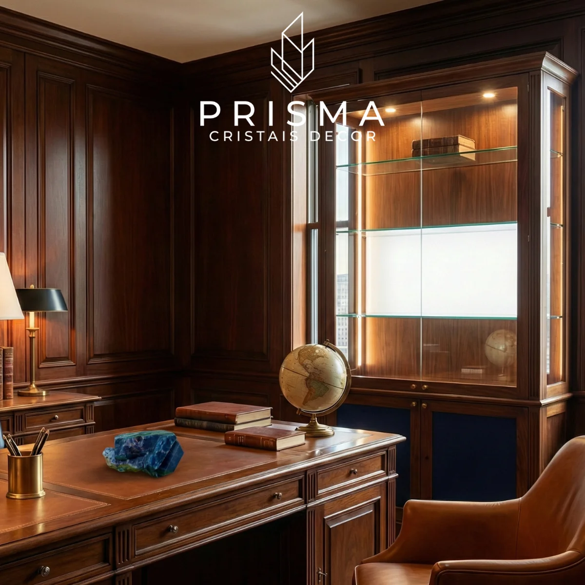 Canudo de Apatita Azul Natural em escritório clássico de alto padrão com móveis de madeira escura