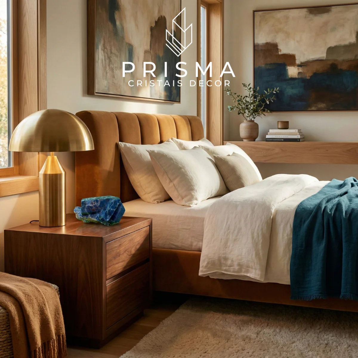 Canudo de Apatita Azul Natural em quarto de casal contemporâneo sobre mesa de cabeceira em nogueira
