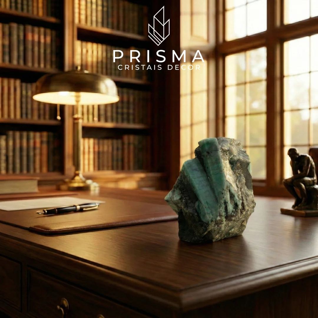 Canudo de Esmeralda na base de Xisto — cristal verde natural de Minas Gerais em composição decorativa de alto padrão