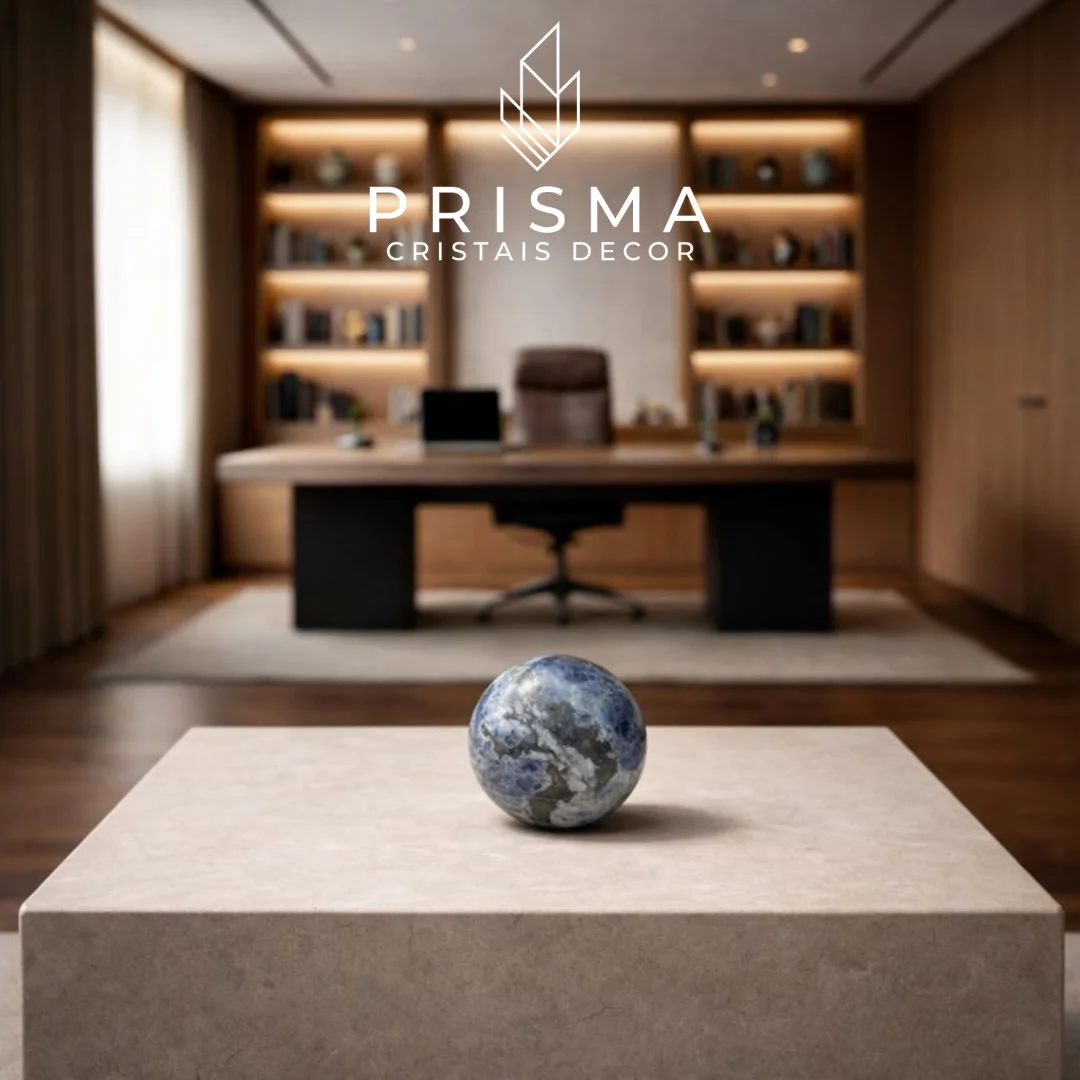 Esfera de Sodalita 2 — cristal azul-royal com veios brancos de feldspato, 8cm de diâmetro, Prisma Cristais Nova Lima MG