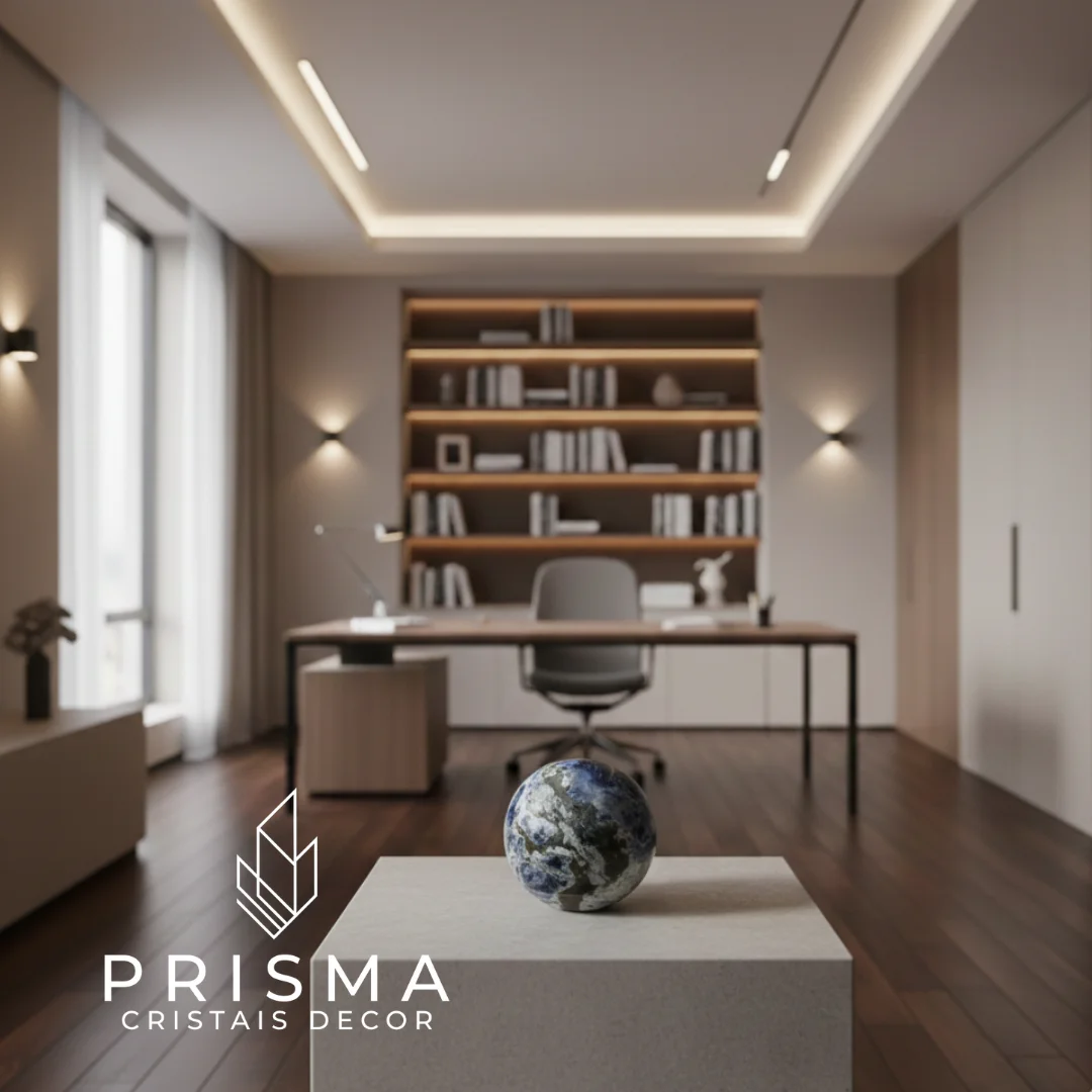 Vista lateral da Esfera de Sodalita 2 — padrão único de azul e branco em cristal natural polido