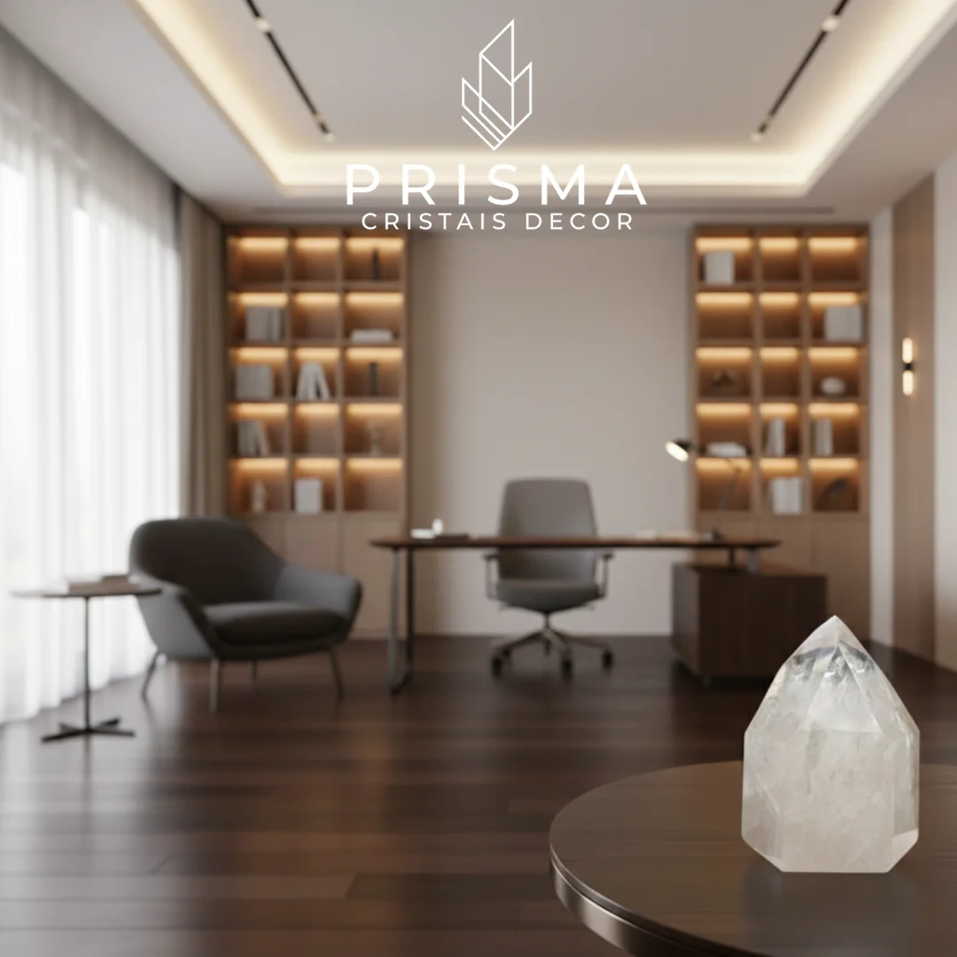 Ponta de Quartzo Semi-translúcido em home office contemporâneo com estante iluminada