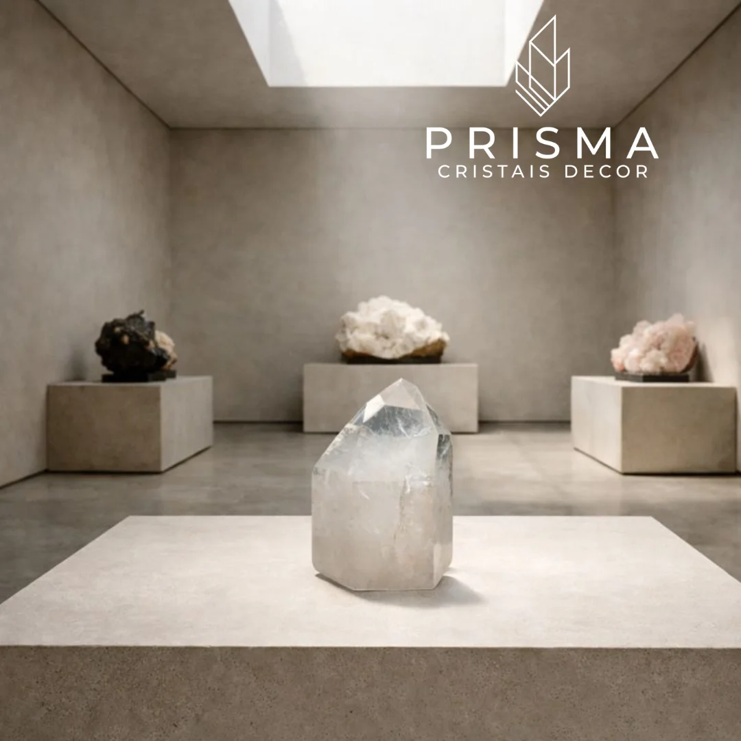 Ponta de Quartzo Semi-translúcido em espaço expositivo minimalista com luz natural zenital
