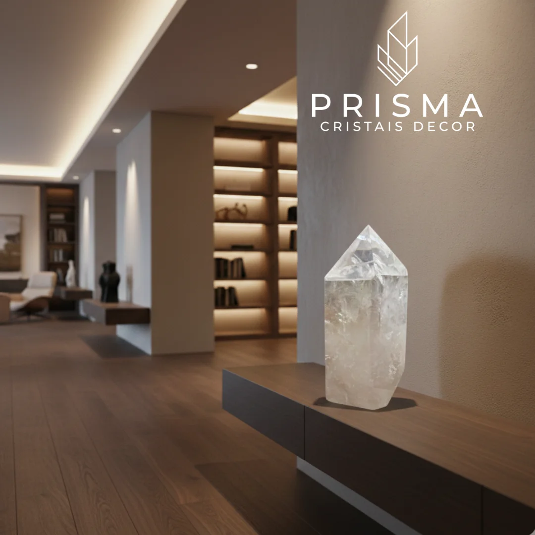 Ponta de Quartzo Semi-translúcido em corredor contemporâneo com credenza de madeira e estante iluminada