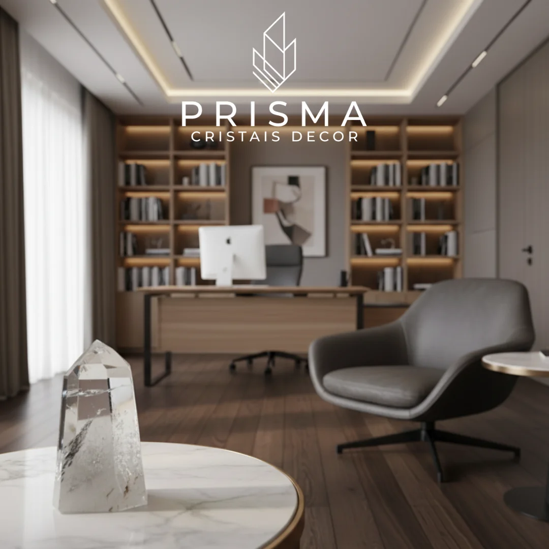 Ponta de Quartzo Semi-translúcido sobre mesa de mármore em escritório executivo de alto padrão