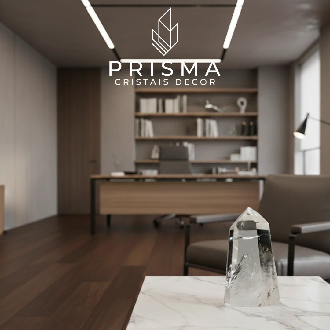 Ponta de Quartzo Semi-translúcido em ambiente executivo contemporâneo com bancada de mármore, Bosque do Jambreiro