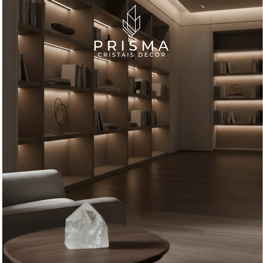 Ponta de Quartzo Semi-translúcido em mesa de trabalho executiva com detalhes em madeira nobre