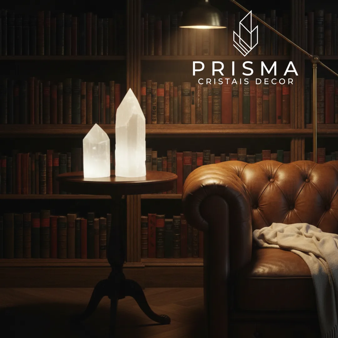 Pontas de Selenita em ambiente decorativo com outras esculturas minerais — composição premium Prisma Cristais