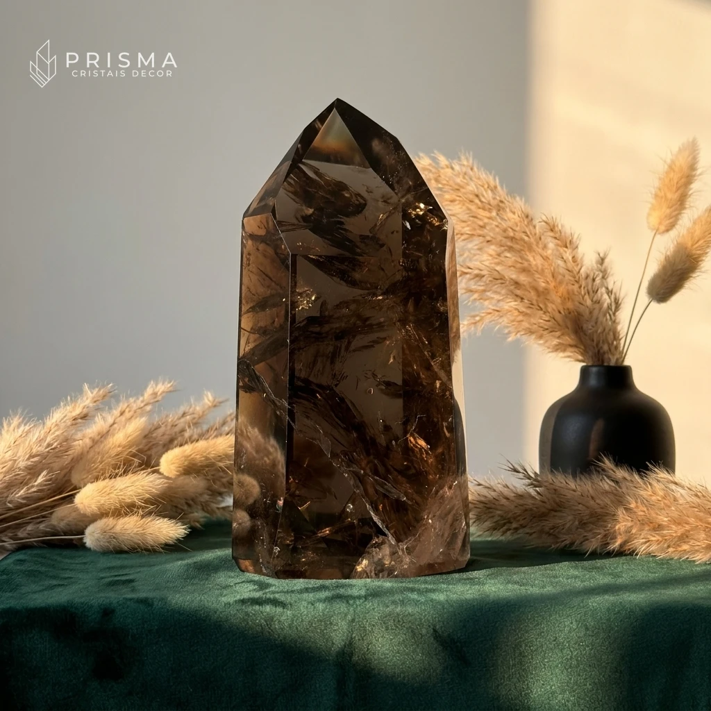 Ponta de Quartzo Fumê em composição decorativa com capim seco e vaso preto matte sobre veludo verde