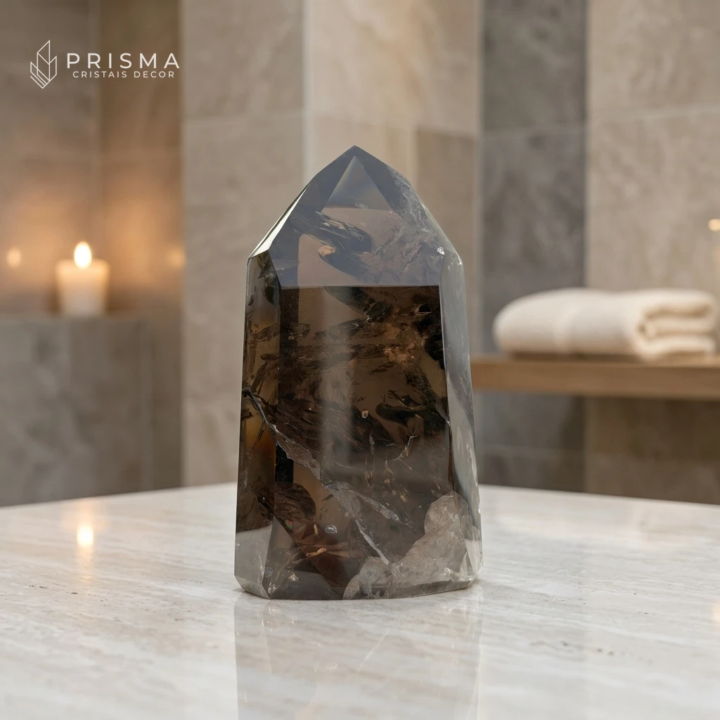Ponta de Quartzo Fumê 21cm em ambiente spa de luxo com travertino e velas, cristal de concretização