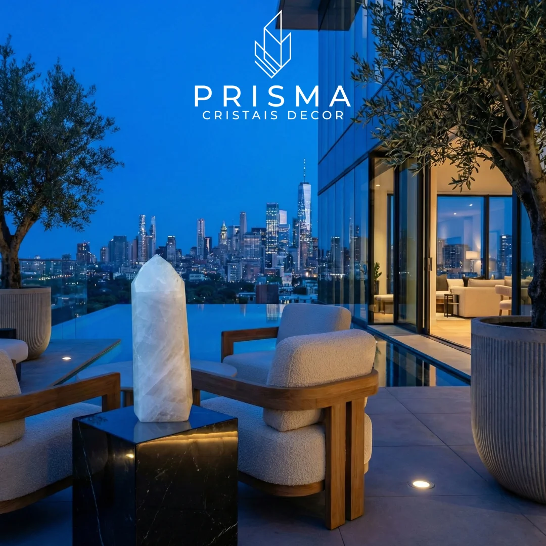 Ponta de Quartzo Leitoso em terraço de design premium ao entardecer
