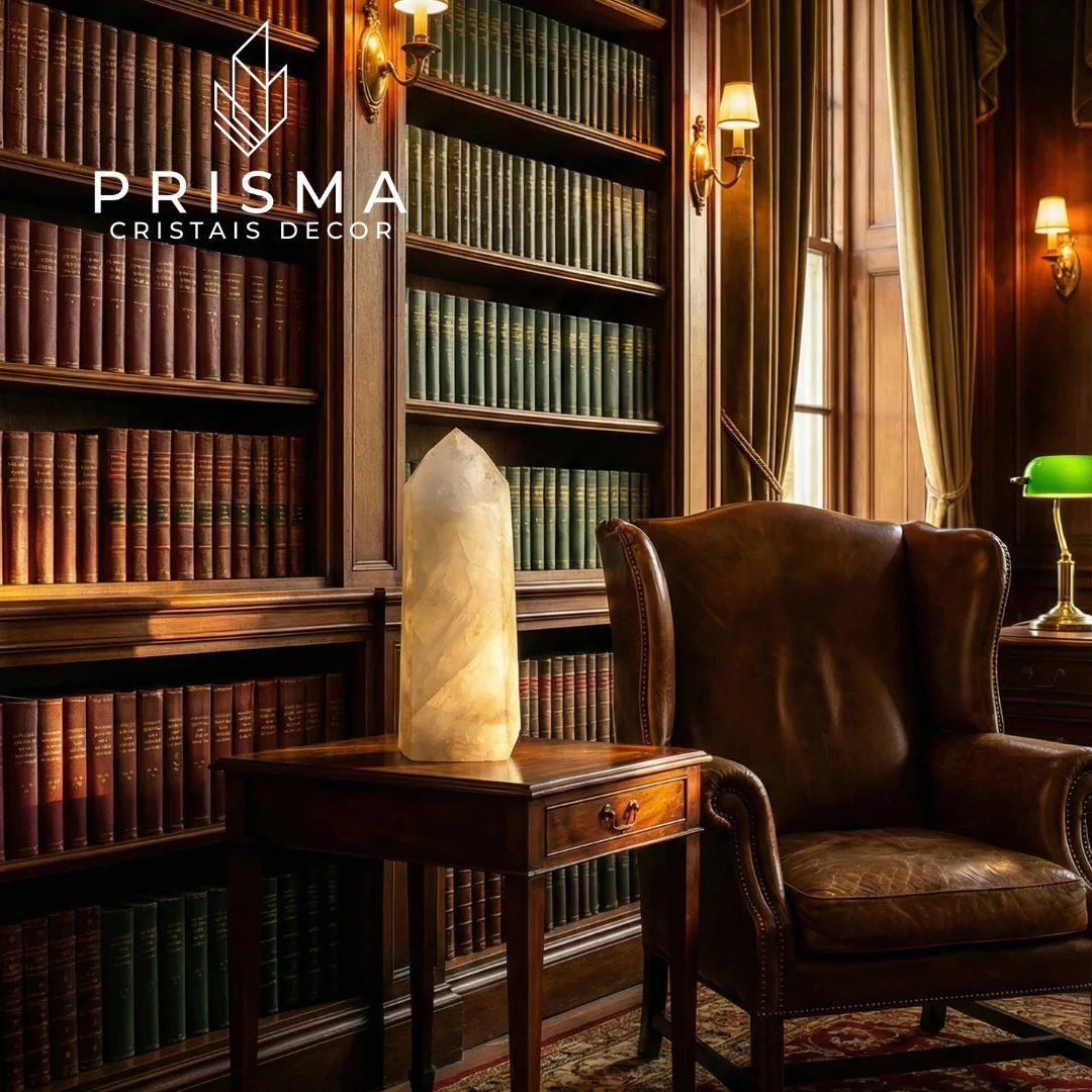 Ponta de Quartzo Leitoso em biblioteca clássica de alto padrão