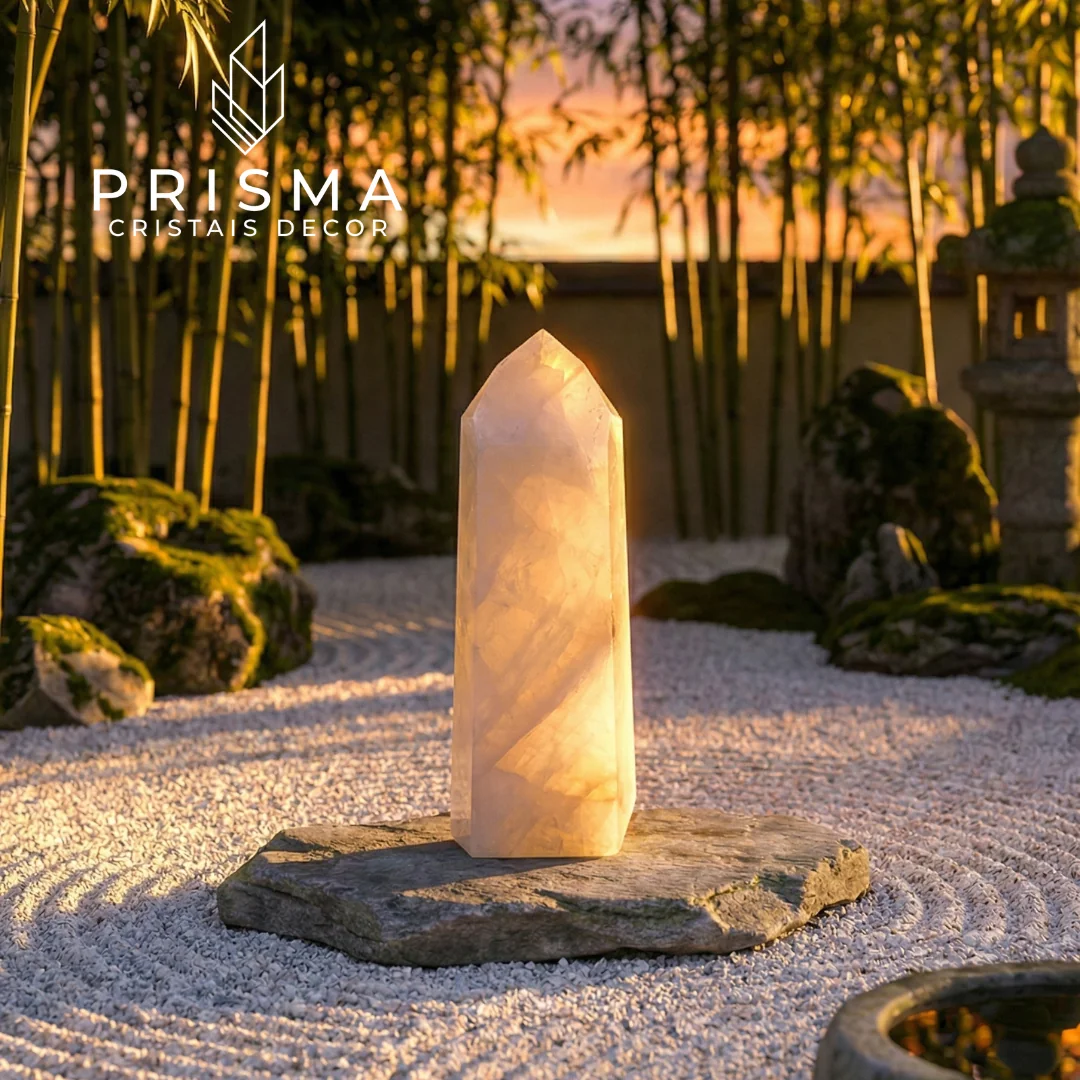 Ponta de Quartzo Leitoso em jardim zen — decoração espiritual premium