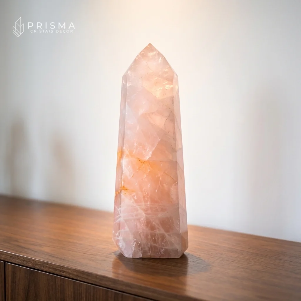 Ponta de Quartzo Rosa 37cm sobre aparador de nogueira em sala de estar sofisticada — cristal natural premium Prisma Cristais Nova Lima