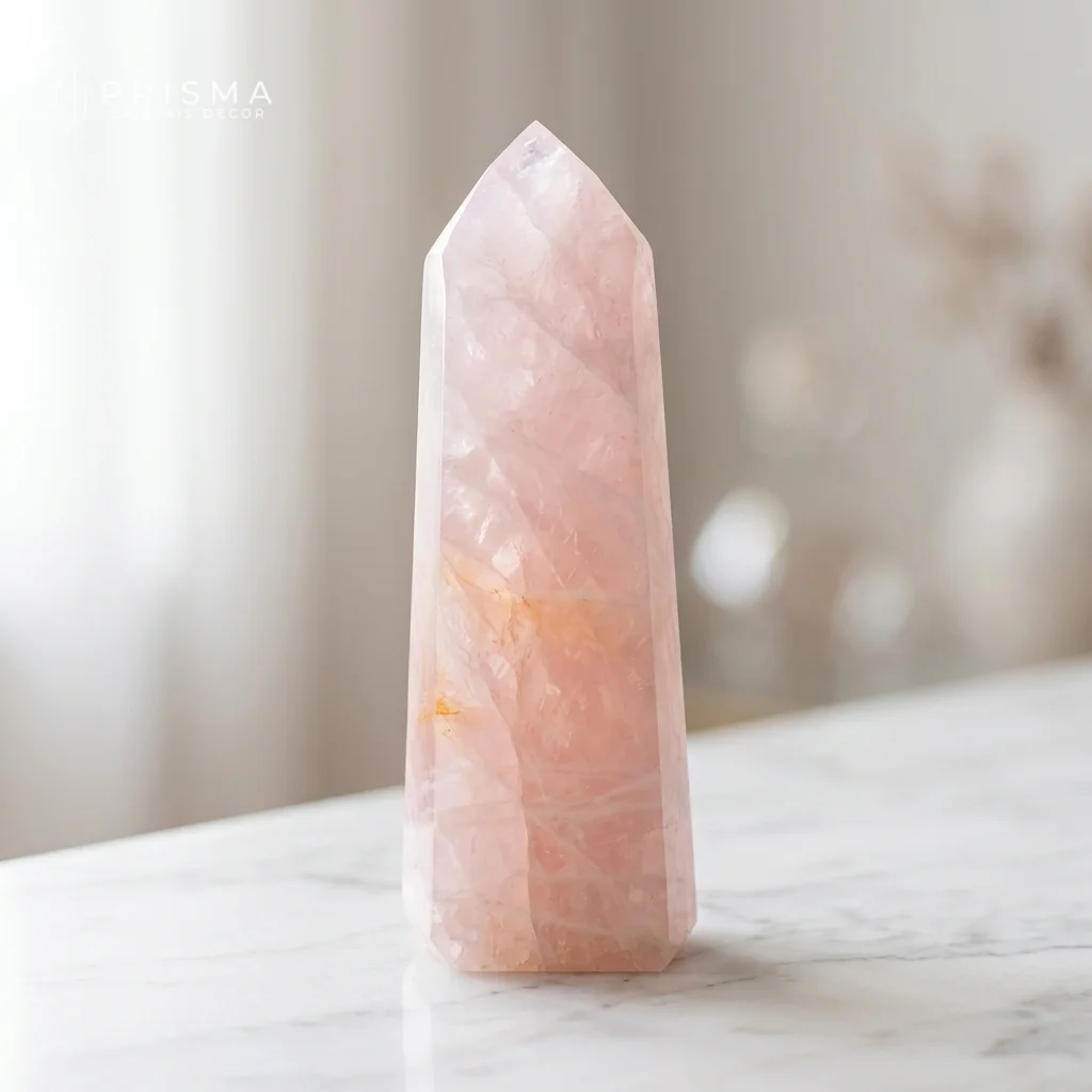 Ponta de Quartzo Rosa 37cm sobre mármore Calacatta — veios rosados e dourados naturais irreproduzíveis