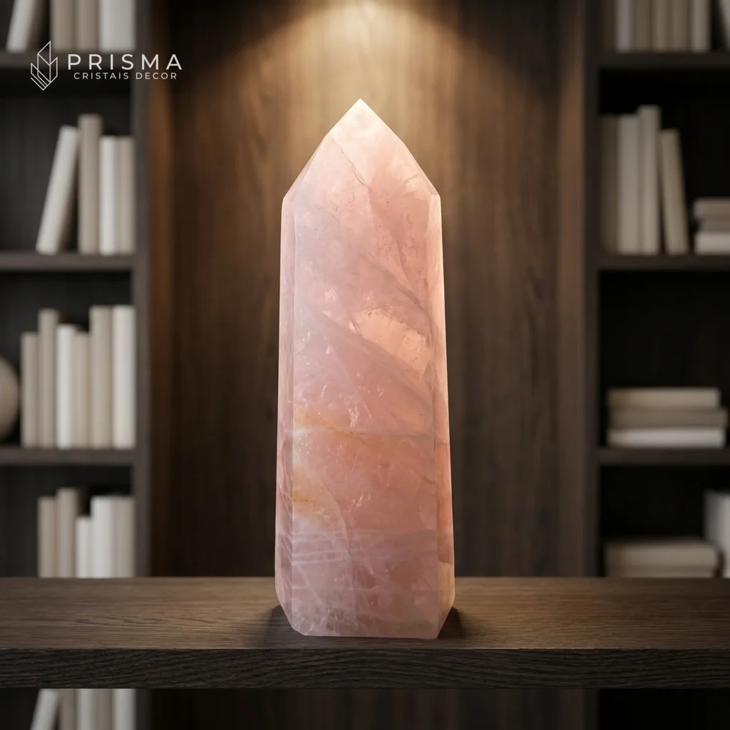 Ponta de Quartzo Rosa 37cm em home office de alto padrão — prateleira escura com spotlight quente revelando translucidez interna